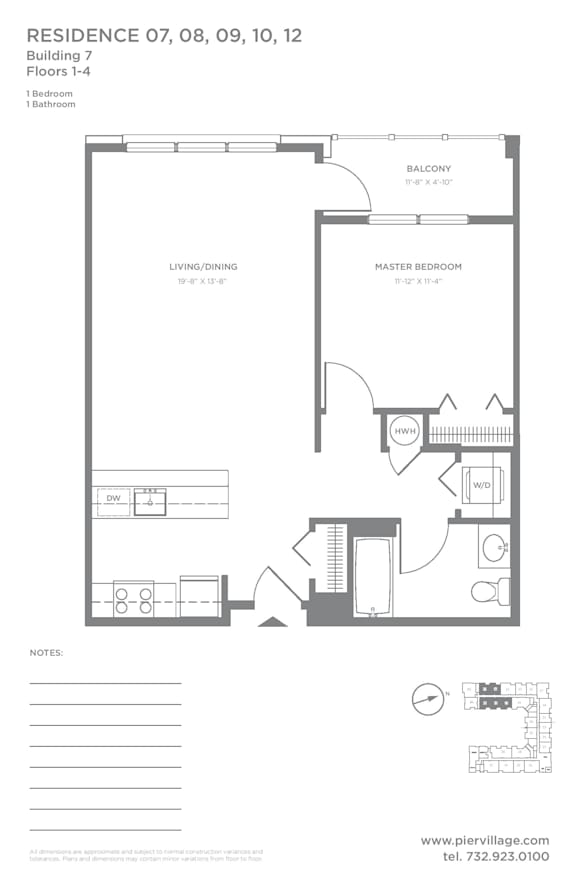 1 Bedroom Floor Plan at Pier Village Apartments, New Jersey, 07740