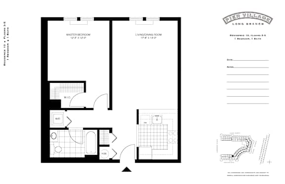 1 Bed T1 310-FL Floor Plan at Pier Village Apartments, New Jersey