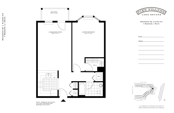 1 Bed T1 452-FL Floor Plan at Pier Village Apartments, Long Branch, NJ, 07740