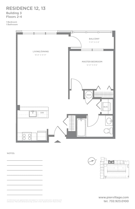P2 - 1BR 1BA (750 SF) Floor Plan at Pier Village Apartments, Long Branch, NJ, 07740