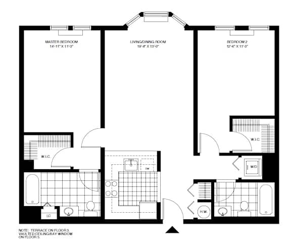 Two bedroom two bathroom floor plan at Pier Village Apartments, Long Branch, NJ 7740