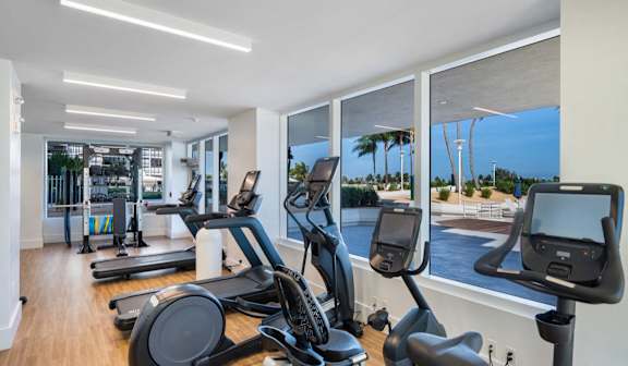 A gym with treadmills and elliptical machines. at The Hamilton, Miami, FL