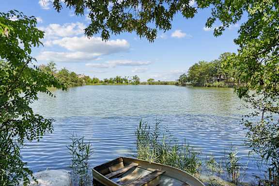 A boat sits on the shore of a lake surrounded by greenery.