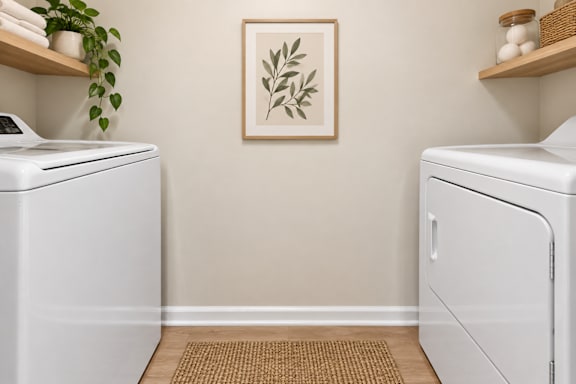 Inhome laundry room with modern appliances and botanical artwork at The Courts at Fair Oaks Apartments, Fairfax, VA 22030