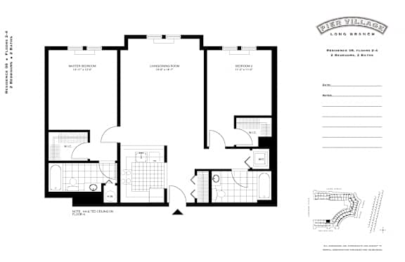 Two bedroom residence floor plan layout at Pier Village Apartments, Long Branch, NJ