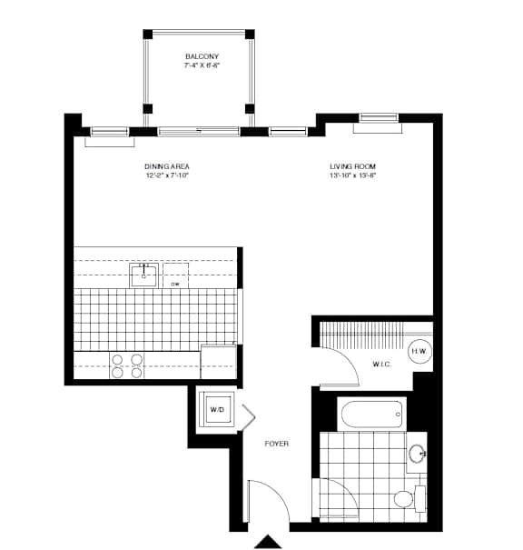 One bedroom one bathroom apartment floor plan at Pier Village Apartments, Long Branch