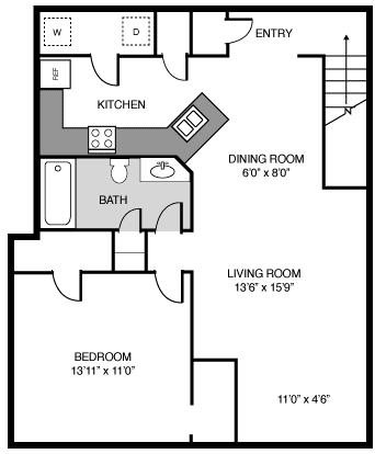 1BD 1BA Floor Plan at Villas at Cordova, Cordova, 38018