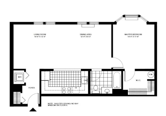 One bedroom floor plan with kitchen and bathroom at Pier Village Apartments, Long Branch, 7740