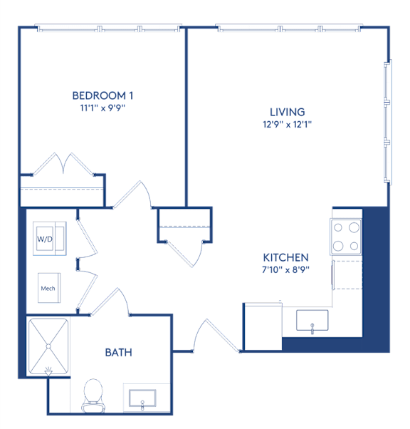 A floor plan of a house with a living room, kitchen, bathroom, and two bedrooms.