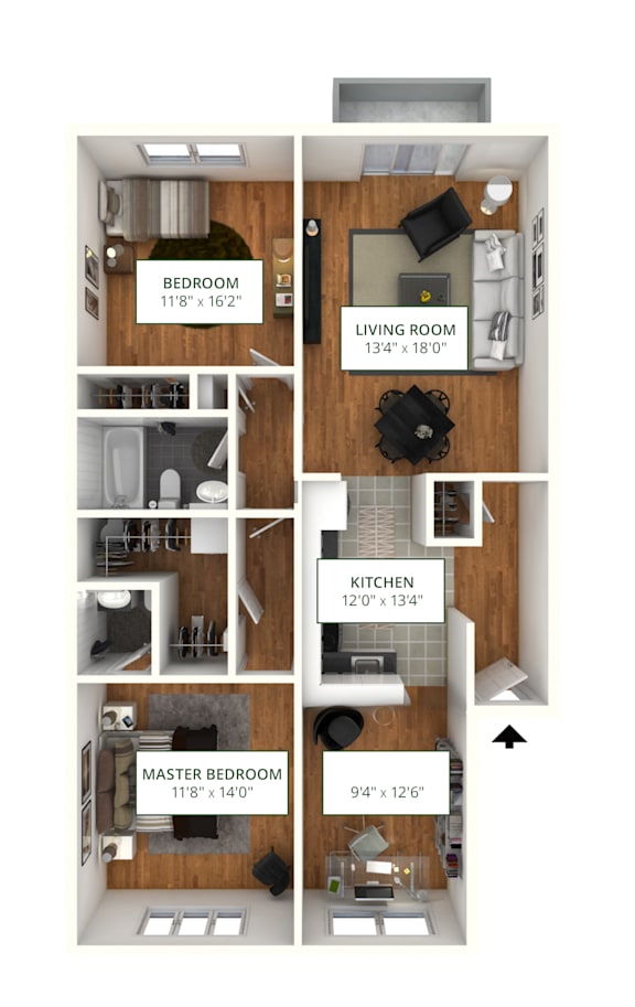 Floor Plan  A diagram shows the layout of a small apartment with a living room, kitchen, and three bedrooms.