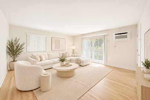 A living room with a white couch, a white chair, a white coffee table, and a white rug.