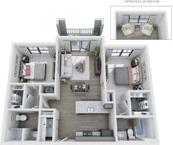 Floor Plan  2 bed 2 bath B at Skyland Exchange Apartments, Asheville, NC, 28803