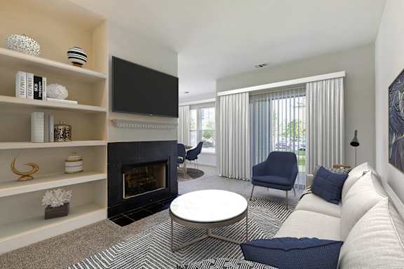 Living Area With Fireplace at The Apartments at Cambridge Court, Rosedale, MD, 21237