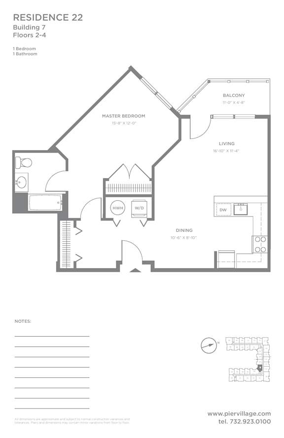 One bedroom floor plan with balcony layout at Pier Village Apartments, Long Branch, NJ 7740