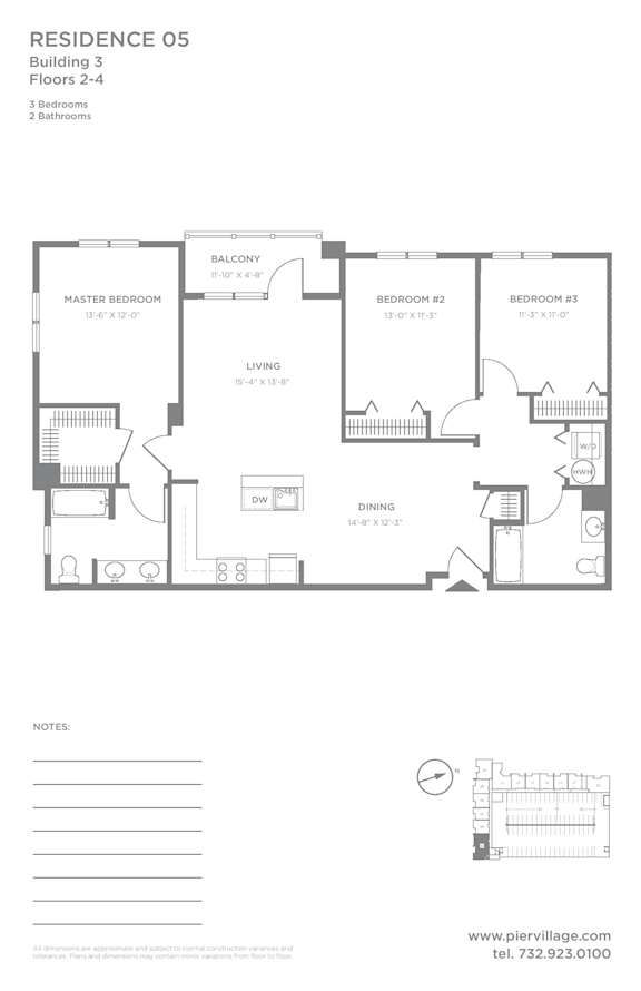 Three bedroom two bathroom floor plan layout at Pier Village Apartments, Long Branch, NJ