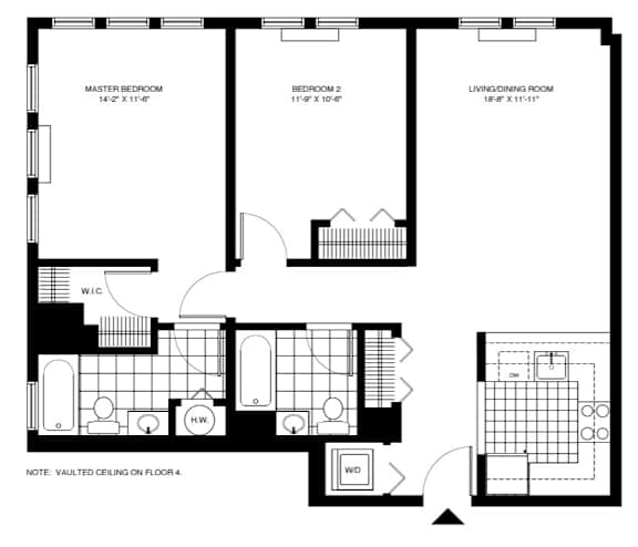 Two bedroom two bathroom floor plan layout at Pier Village Apartments, Long Branch, New Jersey