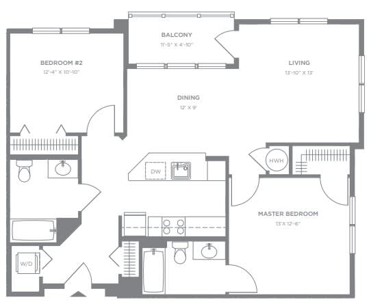 Two bedroom two bathroom apartment floor plan at Pier Village Apartments, New Jersey, 7740