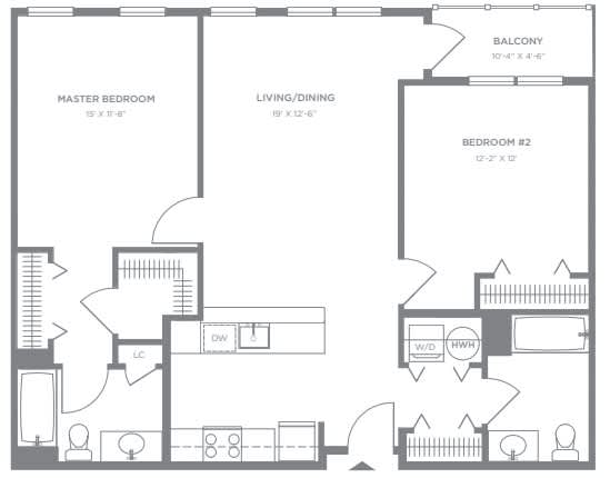 Two bedroom apartment floor plan with dual bathrooms at Pier Village Apartments, Long Branch, NJ 7740