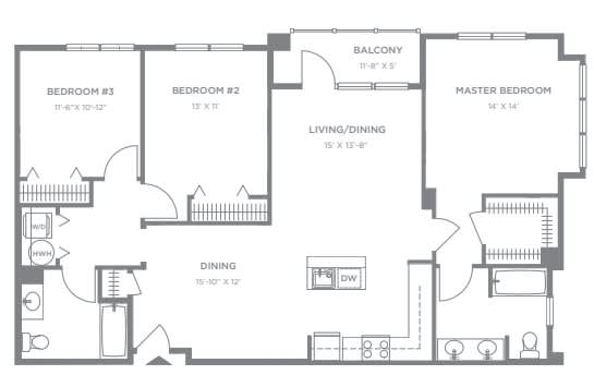 Three bedroom apartment floor plan with balcony at Pier Village Apartments, Long Branch, New Jersey