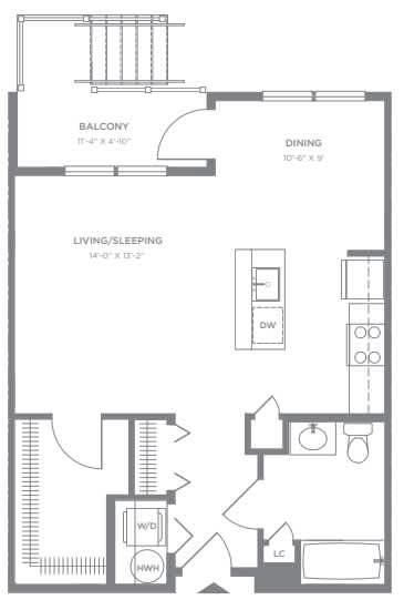 Studio apartment floor plan with dining area at Pier Village Apartments, Long Branch, NJ 7740