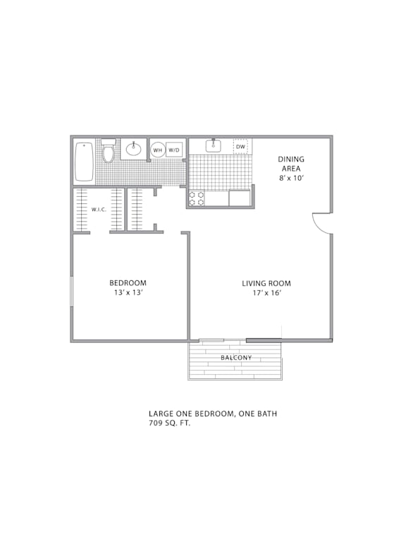 A floor plan of a house with a balcony and a large one bedroom, one bath.