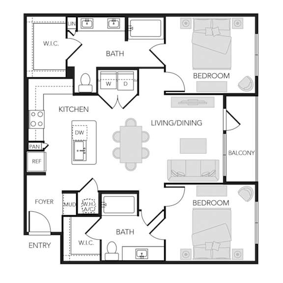 2BR 2BA (1091 SF)