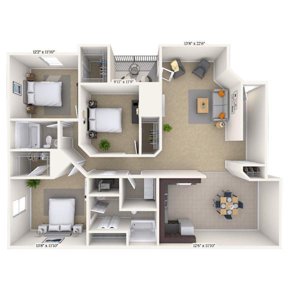 3 bed 2 bath A at Crosswinds Apartments, Mississippi