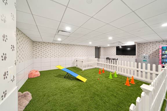 A room with a white fence and a green carpet.