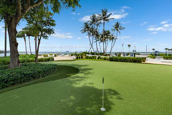 Putting green with palm trees and waterfront views at The Hamilton Apartments, Florida