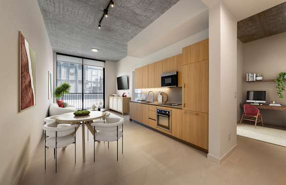 a rendering of a kitchen and living room in a 555 waverly unit