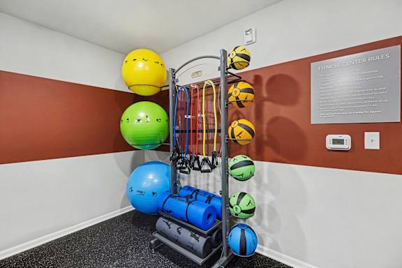 A fitness center with a variety of equipment and balls.