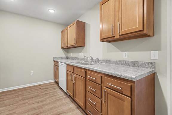 A kitchen with wooden cabinets and a marble countertop.