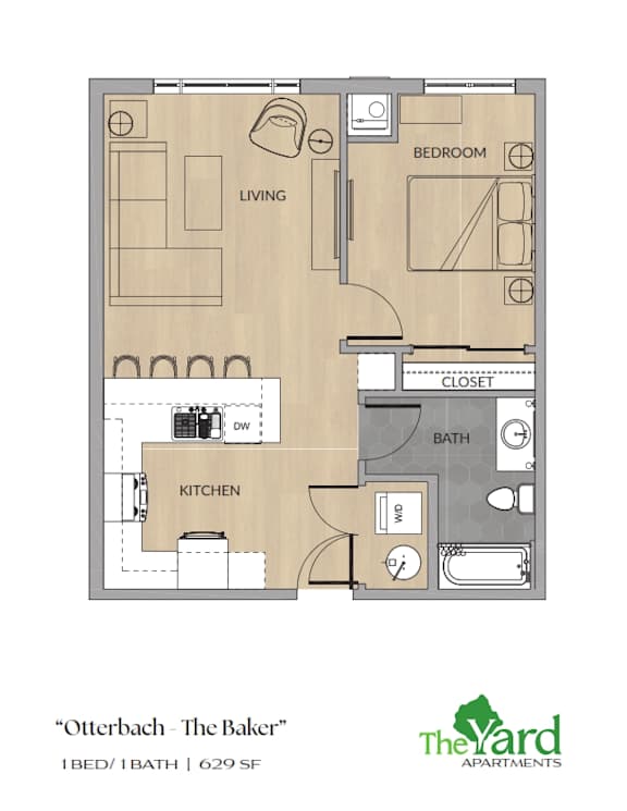 1 Bedroom Floorplan at The Yard Apartments, Louisville