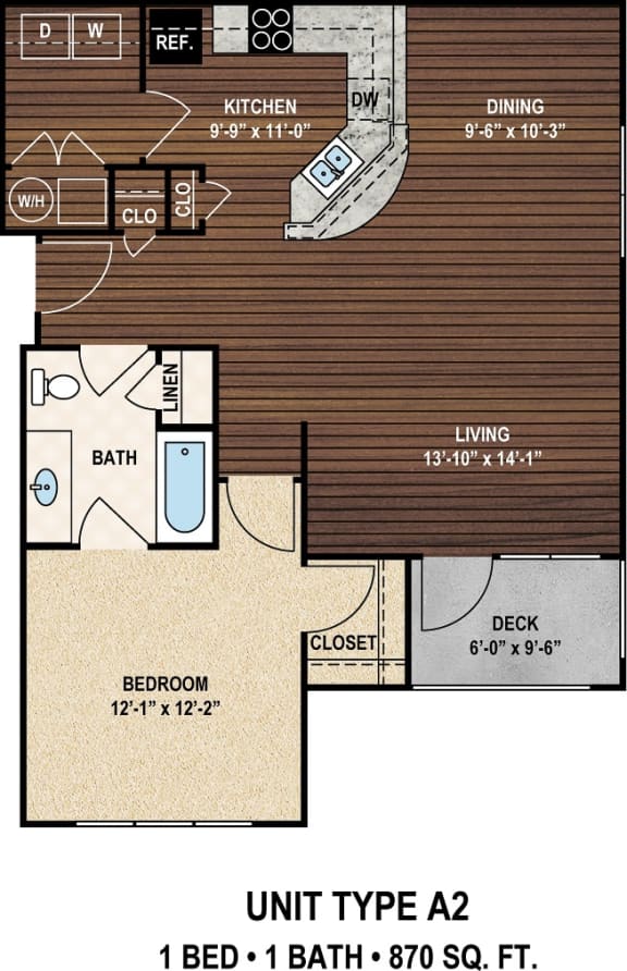 Our A2 The Savilla floor plan with one bedroom and one bath. at York Woods at Lake Murray Apartment Homes, South Carolina