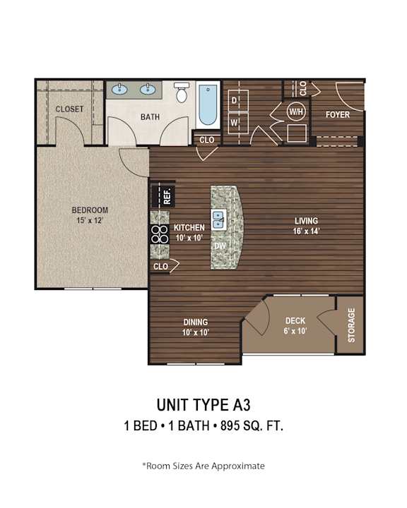 A drawing of a floor plan for a unit type A3, which includes a bedroom, bathroom, kitchen, dining area, and storage space.