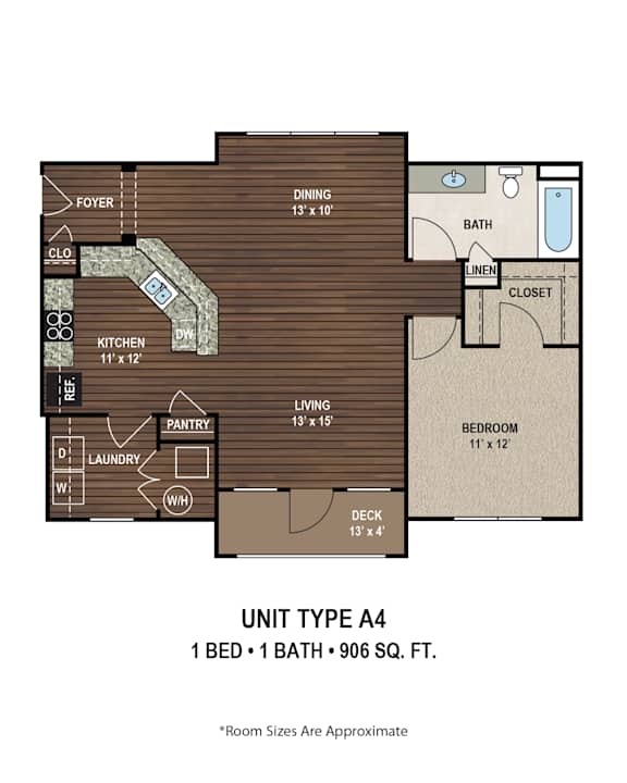 A floor plan of a small apartment with a bedroom, bathroom, and kitchen.