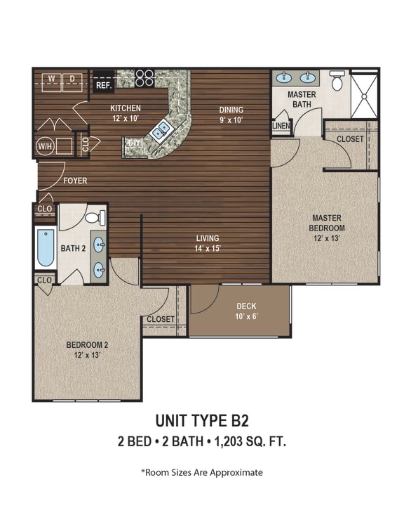 B3 1,212 Sq.Ft. Floor plan, two bedroom, two bathroom