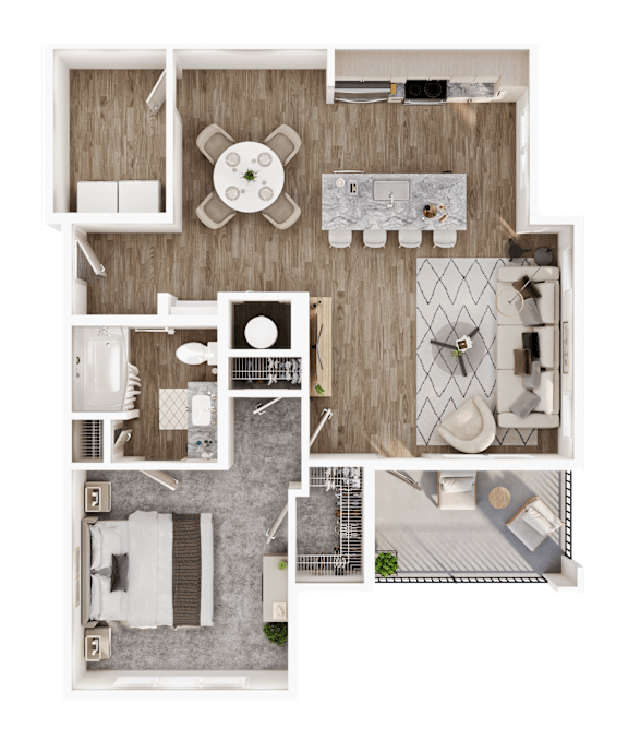 A top-down view of a house layout with a kitchen, living room, and bedrooms.
