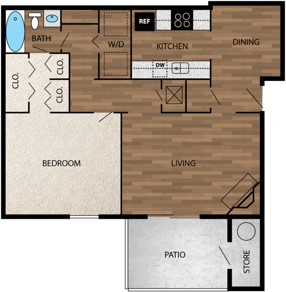 floor plan image of 750sf 1 bedroom 1 bath upgraded with wood like plank flooring