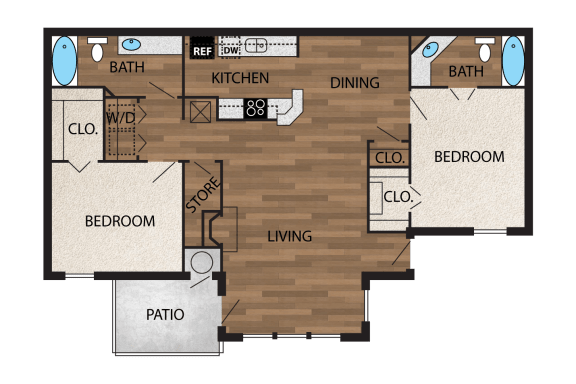 floor plan image of 1144sf 2 bedroom 2 bath upgraded with wood like plank flooring