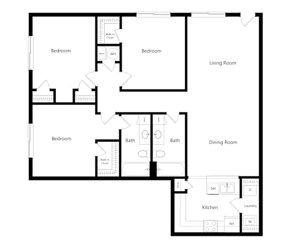 A floor plan of a house with labeled rooms such as Bedroom, Living Room, Dining Room, Kitchen, and Bath.