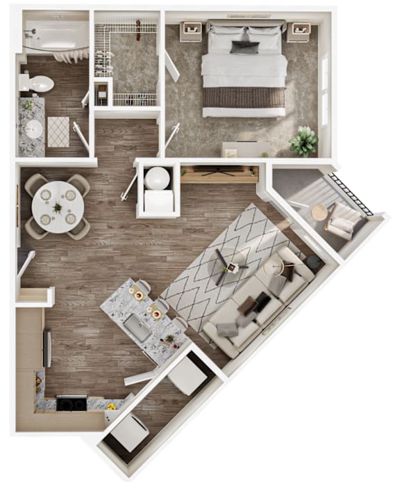 A top-down view of a modern apartment layout.