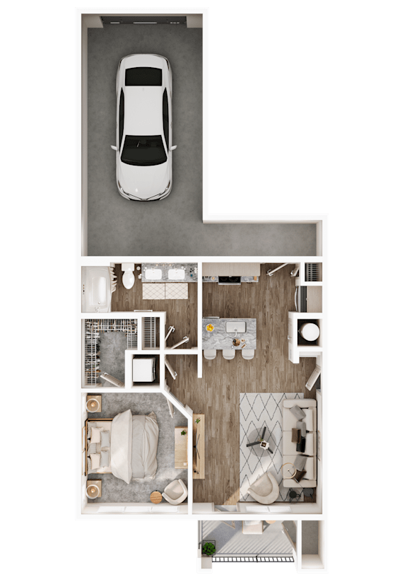 A top-down view of a car parked in a garage with a bedroom and bathroom visible.