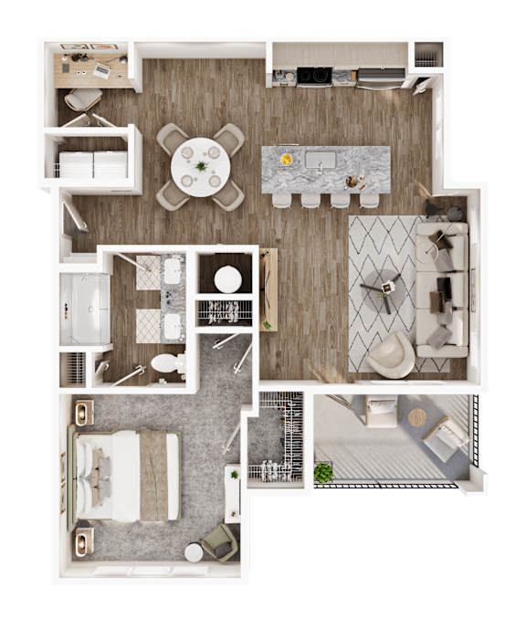 A top-down view of a house layout with a central living area, bedrooms, and bathrooms.