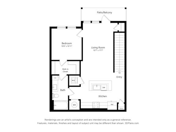 A floor plan of a house with a bedroom, living room, kitchen, bath, and walk-in closet.