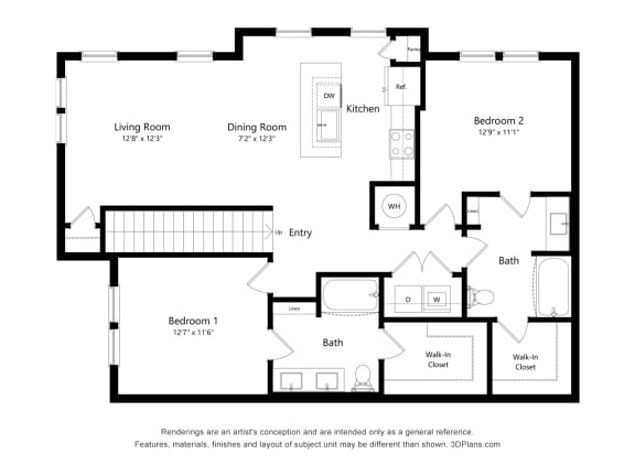 a floor plan of a bedroom floor plan with bedrooms and baths and a living room