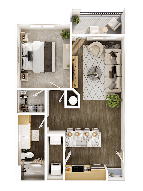 A top-down view of a small apartment with a kitchen, living room, and bathroom.