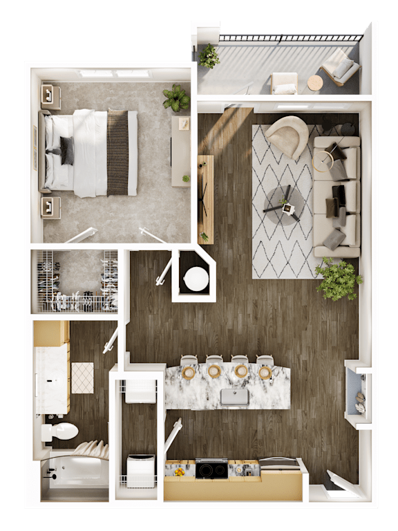 Floor Plan  A top-down view of a small apartment with a kitchen, living room, and bathroom.