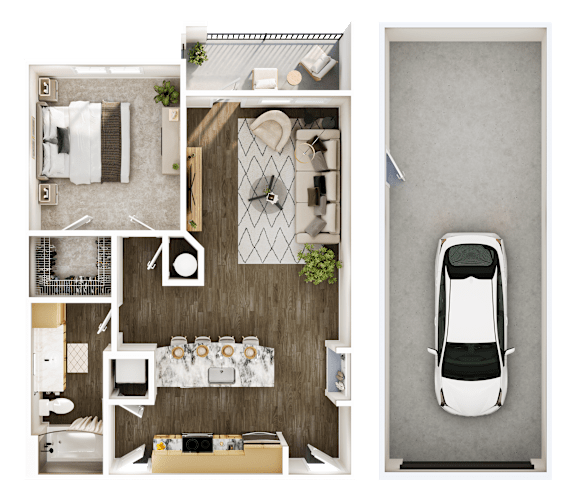 A top-down view of a car parked in a garage next to a wall.
