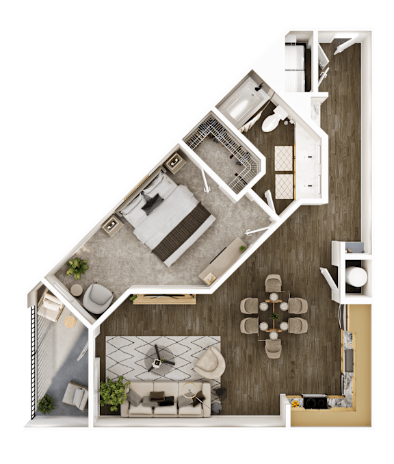 A top-down view of a house layout with a living room, kitchen, and dining area.
